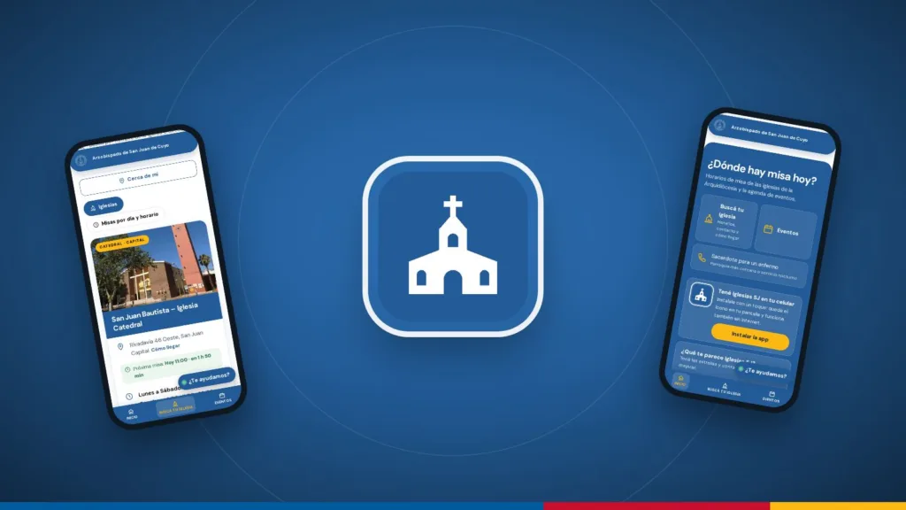 Iglesias SJ: el ícono de la app y dos celulares con la aplicación