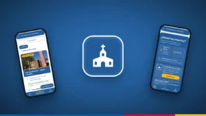 Iglesias SJ: el ícono de la app y dos celulares con la aplicación